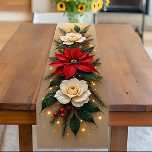Festive Floral Table Runner - Red and Cream 34×48inches